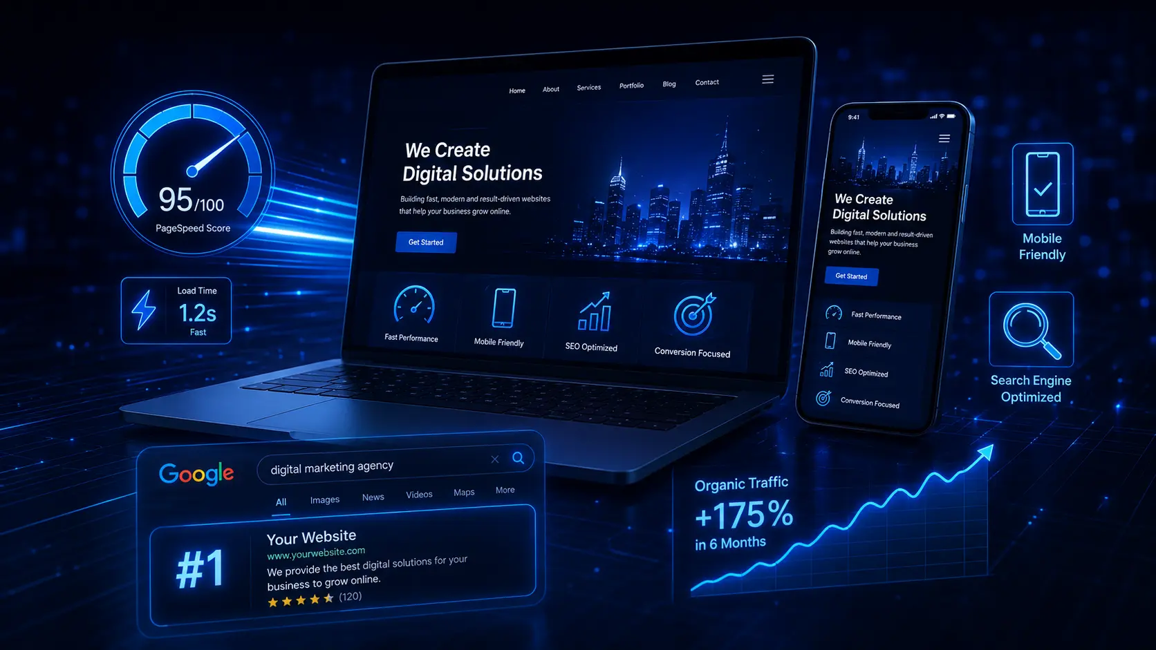 Website performance optimization showing fast page speed, mobile-friendly design, SEO optimization, improved Core Web Vitals, and increased organic traffic.